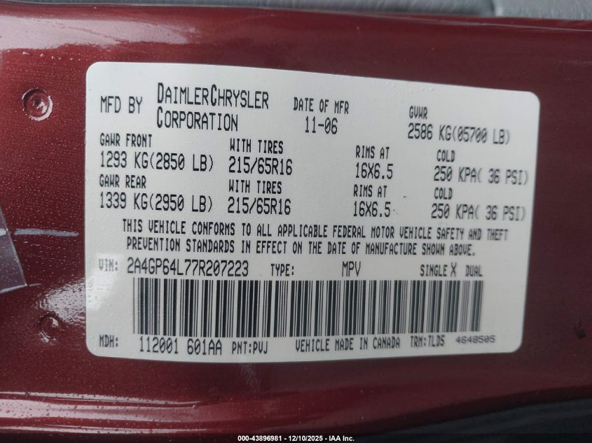 2007 Chrysler Town & Country Limited VIN: 2A4GP64L77R207223 Lot: 43896981