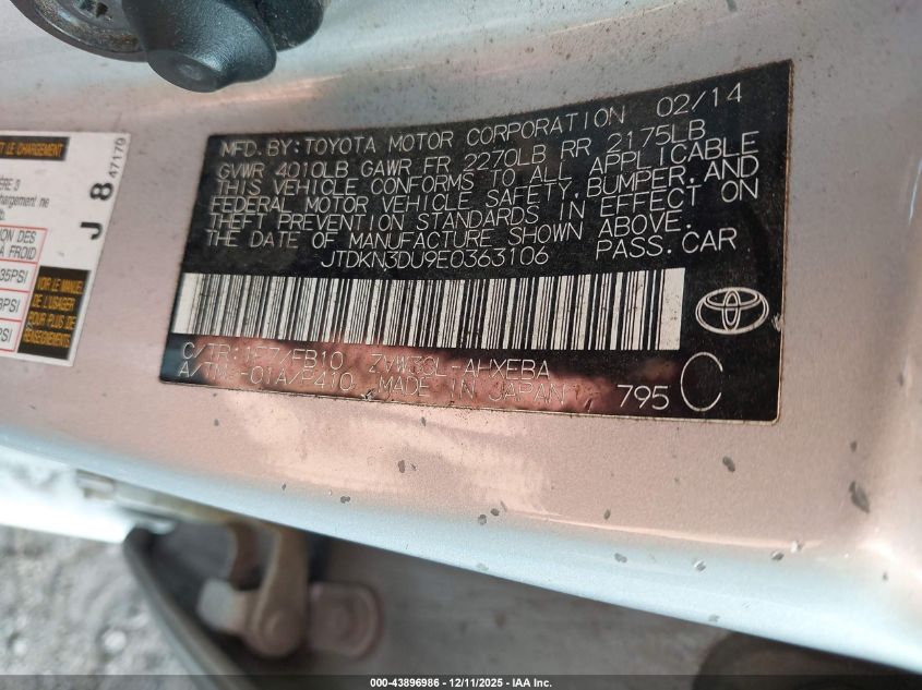 2014 Toyota Prius Two VIN: JTDKN3DU9E0363106 Lot: 43896986