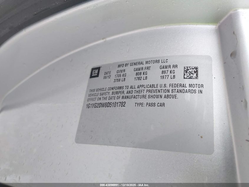 2013 Chevrolet Corvette VIN: 1G1YG2DW8D5101782 Lot: 43896991