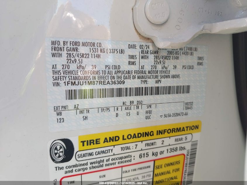 2024 Ford Expedition Platinum VIN: 1FMJU1M87REA36309 Lot: 43896993