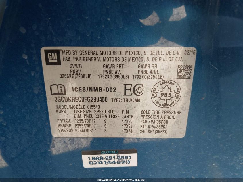 2015 Chevrolet Silverado 1500 1Lt/2Lt VIN: 3GCUKREC0FG299450 Lot: 43896994