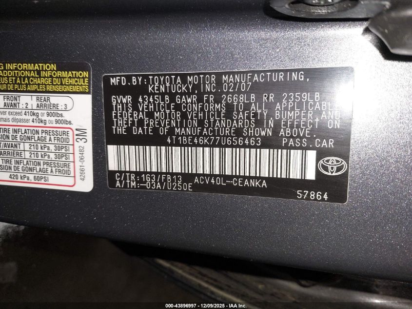 2007 Toyota Camry Le VIN: 4T1BE46K77U656463 Lot: 43896997