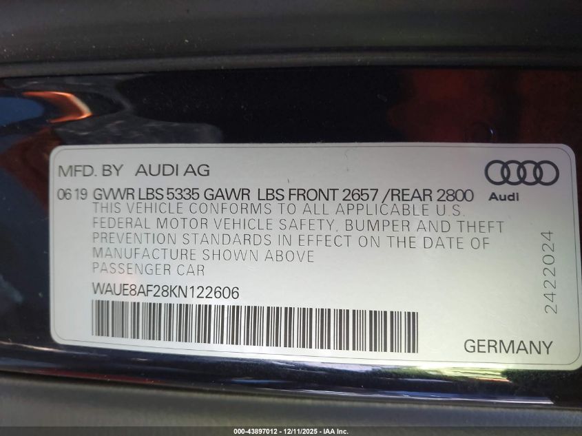 2019 Audi A6 45 Premium VIN: WAUE8AF28KN122606 Lot: 43897012