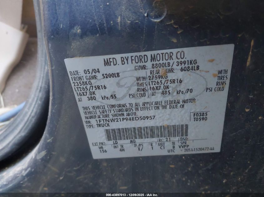2004 Ford F-250 Lariat/Xl/Xlt VIN: 1FTNW21P94ED50957 Lot: 43897013