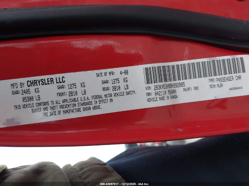 2008 Dodge Charger R/T VIN: 2B3KA53H88H282885 Lot: 43897017