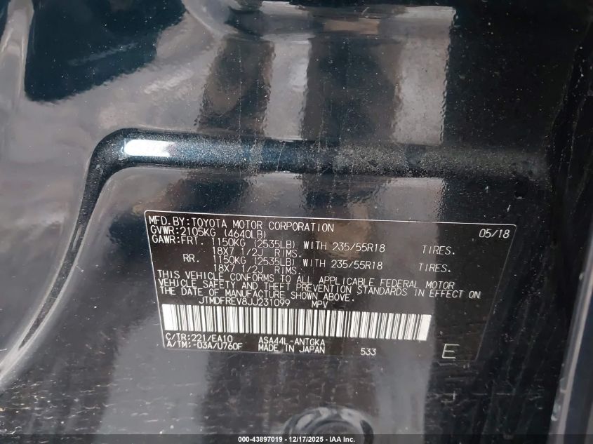 2018 Toyota Rav4 Limited VIN: JTMDFREV8JJ231099 Lot: 43897019