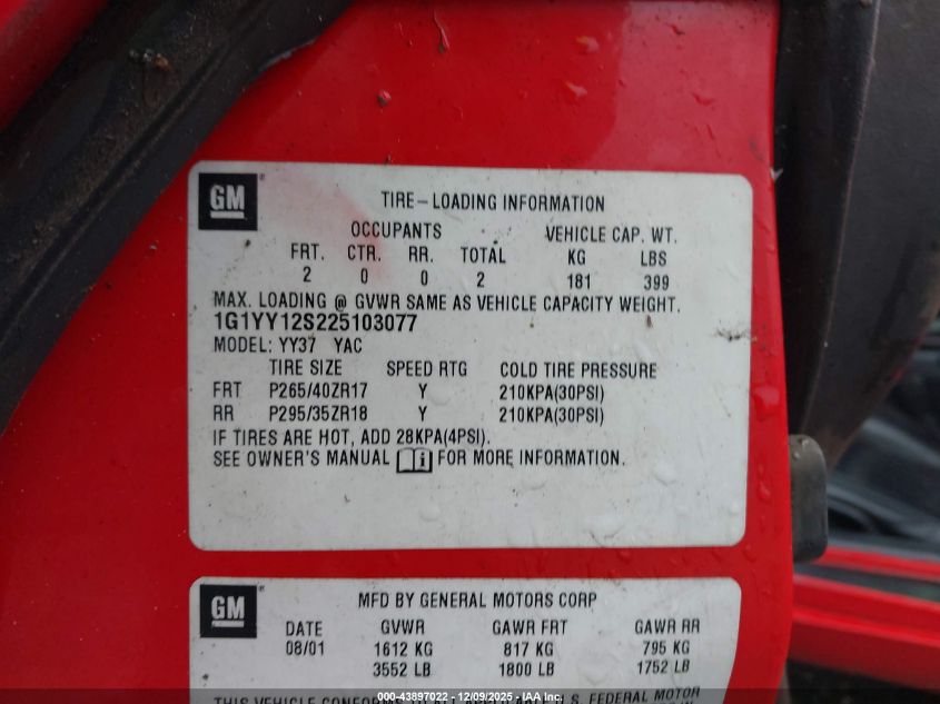 2002 Chevrolet Corvette Z06 Hardtop VIN: 1G1YY12S225103077 Lot: 43897022