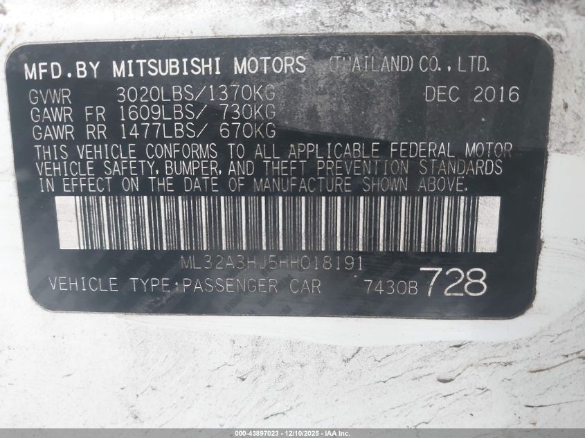 2017 Mitsubishi Mirage Es VIN: ML32A3HJ5HH018191 Lot: 43897023