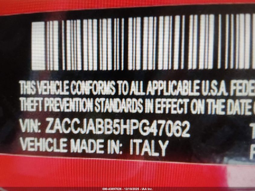 2017 Jeep Renegade Altitude Fwd VIN: ZACCJABB5HPG47062 Lot: 43897026