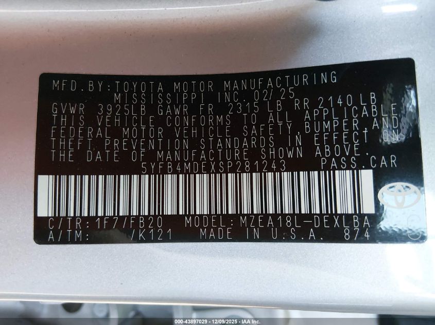 2025 Toyota Corolla Le VIN: 5YFB4MDEXSP281243 Lot: 43897029