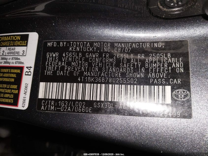 2008 Toyota Avalon Limited VIN: 4T1BK36B78U255502 Lot: 43897039