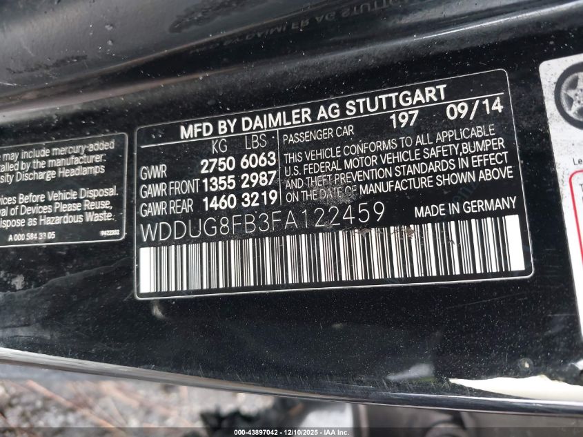 2015 Mercedes-Benz S 550 4Matic VIN: WDDUG8FB3FA122459 Lot: 43897042