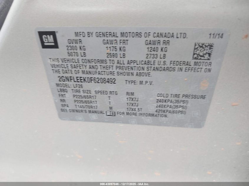 2015 Chevrolet Equinox Ls VIN: 2GNFLEEK0F6208492 Lot: 43897046