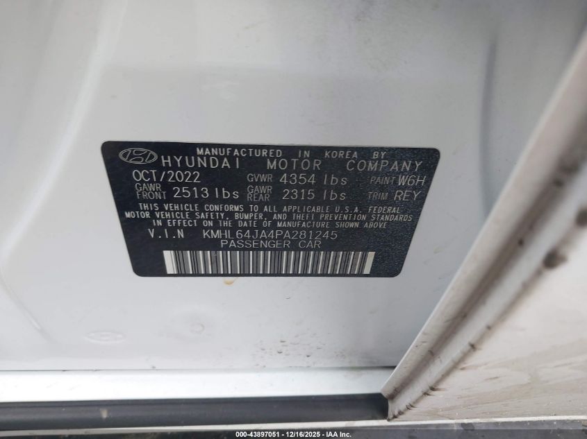 2023 Hyundai Sonata Sel VIN: KMHL64JA4PA281245 Lot: 43897051