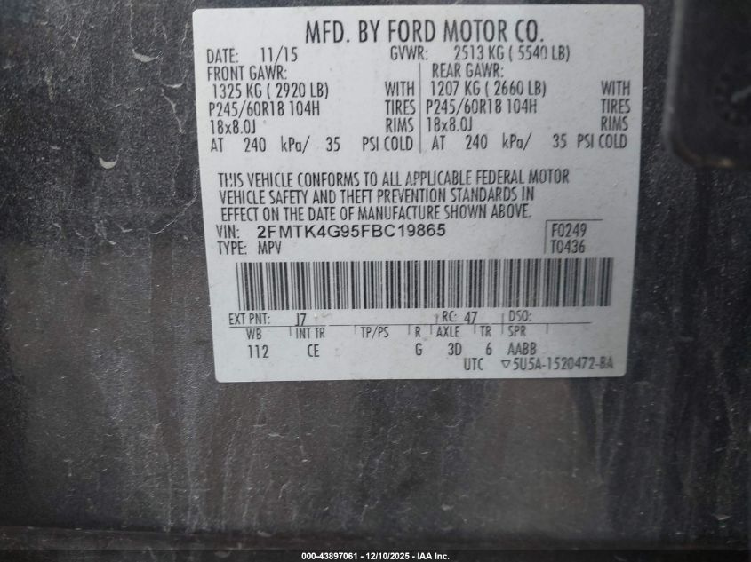 2015 Ford Edge Se VIN: 2FMTK4G95FBC19865 Lot: 43897061