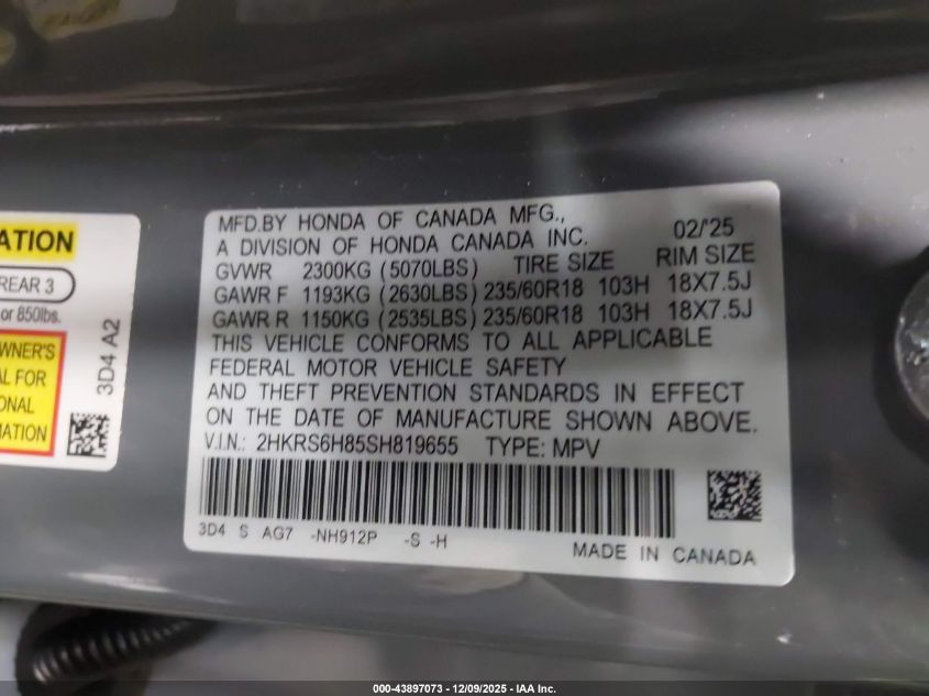 2025 Honda Cr-V Hybrid Sport-L VIN: 2HKRS6H85SH819655 Lot: 43897073