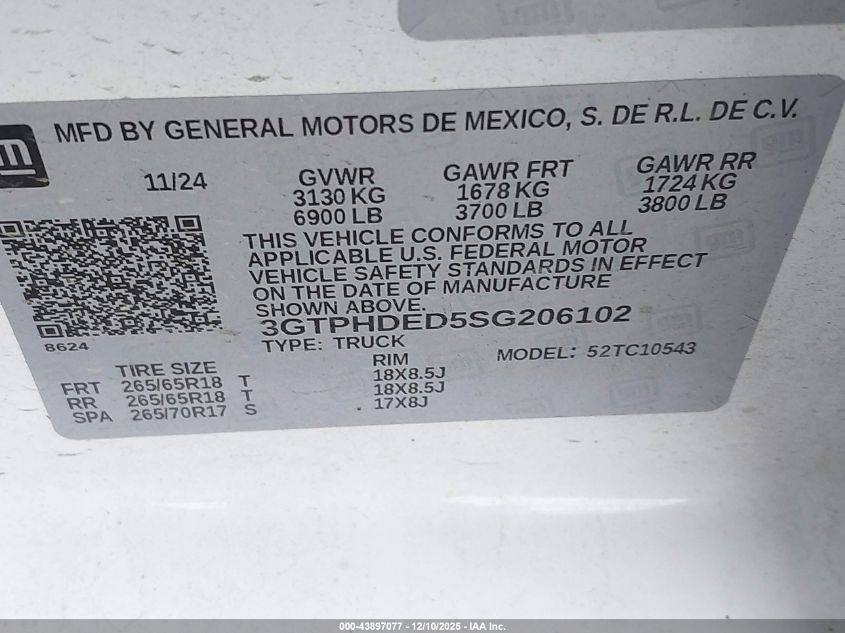 2025 GMC Sierra 1500 2Wd Short Box Slt VIN: 3GTPHDED5SG206102 Lot: 43897077