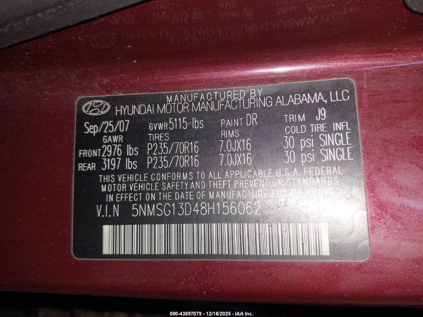 2008 Hyundai Santa Fe Gls VIN: 5NMSG13D48H156062 Lot: 43897079