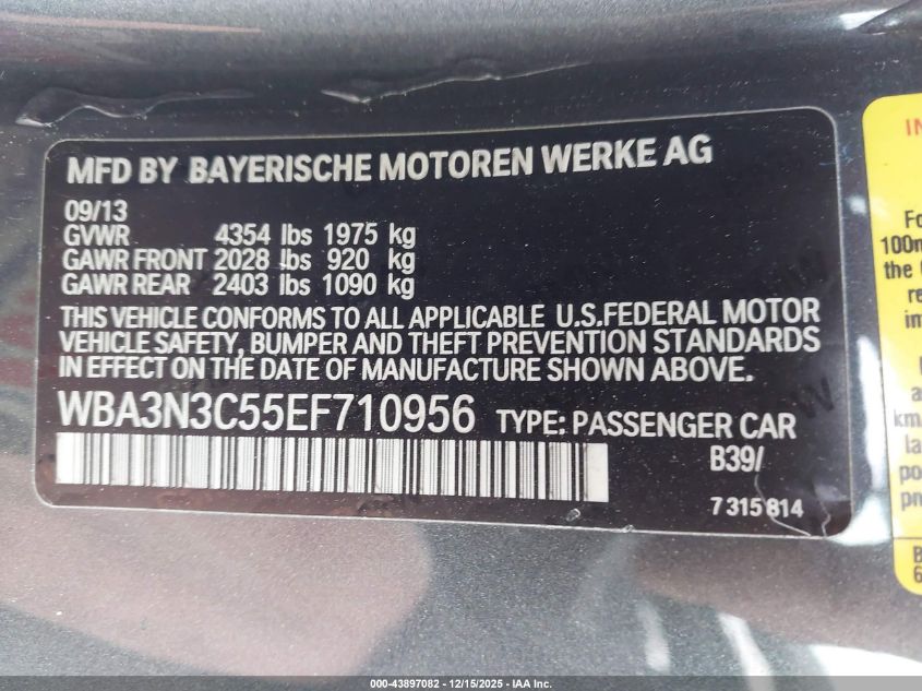 2014 BMW 428I VIN: WBA3N3C55EF710956 Lot: 43897082