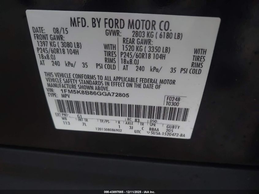 2016 Ford Explorer VIN: 1FM5K8B86GGA72805 Lot: 43897085