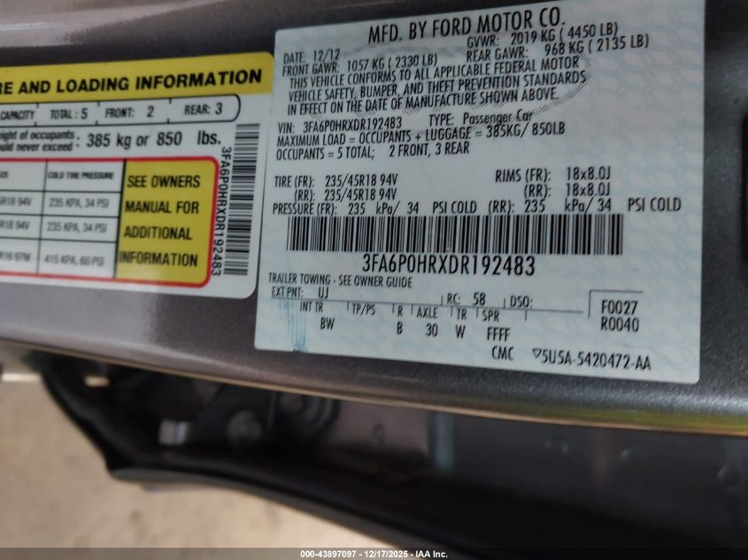 2013 Ford Fusion Se VIN: 3FA6P0HRXDR192483 Lot: 43897097