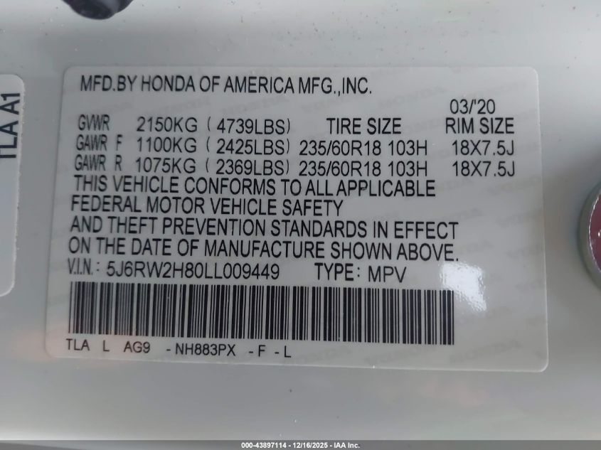 2020 Honda Cr-V Awd Ex-L VIN: 5J6RW2H80LL009449 Lot: 43897114