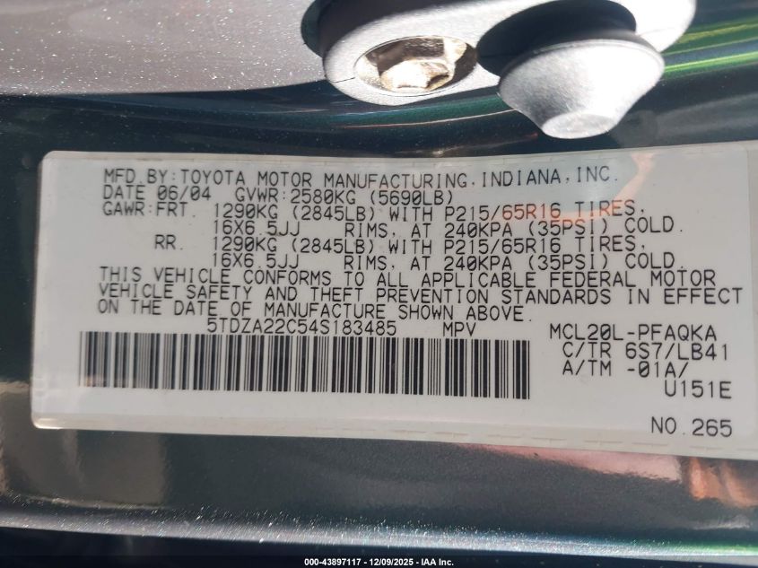 2004 Toyota Sienna Xle VIN: 5TDZA22C54S183485 Lot: 43897117