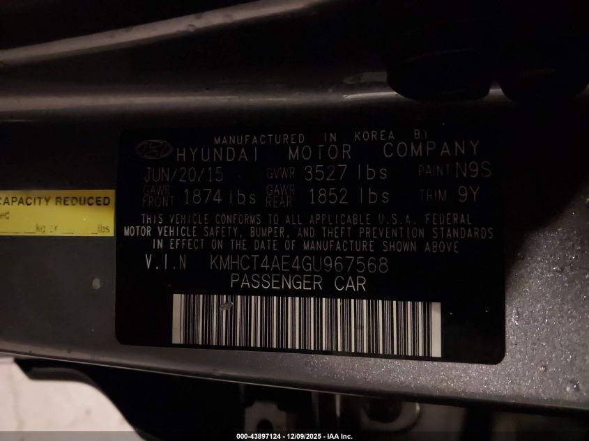 2016 Hyundai Accent Se VIN: KMHCT4AE4GU967568 Lot: 43897124