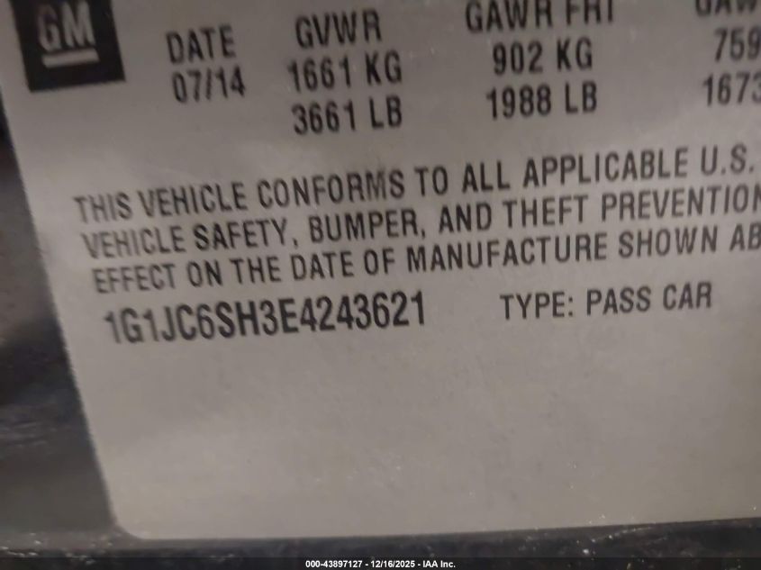 2014 Chevrolet Sonic Lt Auto VIN: 1G1JC6SH3E4243621 Lot: 43897127