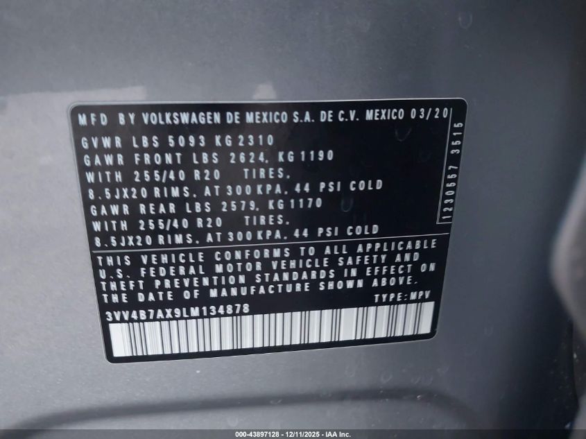 2020 Volkswagen Tiguan 2.0T Sel Premium R-Line VIN: 3VV4B7AX9LM134878 Lot: 43897128