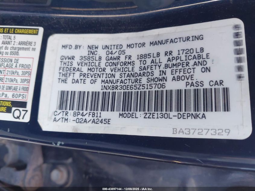 2005 Toyota Corolla Le VIN: 1NXBR30E65Z515706 Lot: 43897144