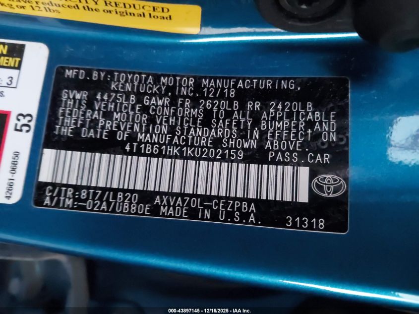 2019 Toyota Camry Xse VIN: 4T1B61HK1KU202159 Lot: 43897145