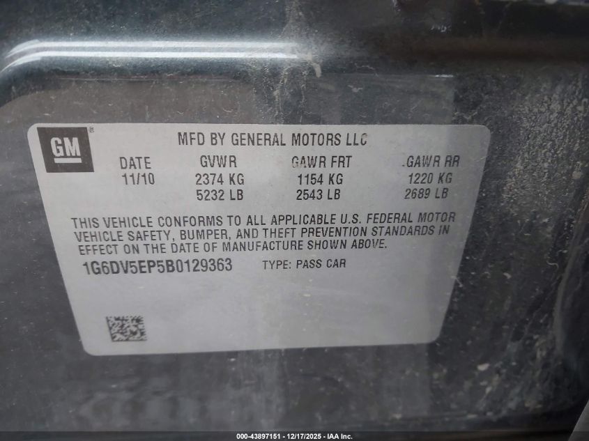 2011 Cadillac Cts-V VIN: 1G6DV5EP5B0129363 Lot: 43897151
