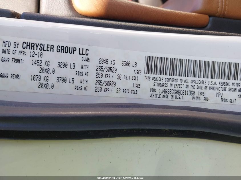 2011 Jeep Grand Cherokee Overland VIN: 1J4RS6GG0BC611360 Lot: 43897163