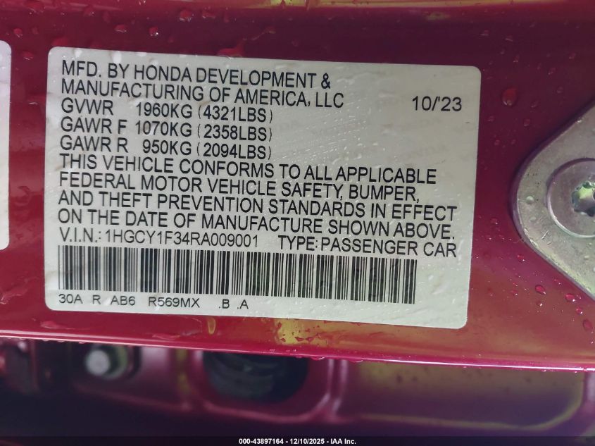 2024 Honda Accord Ex VIN: 1HGCY1F34RA009001 Lot: 43897164