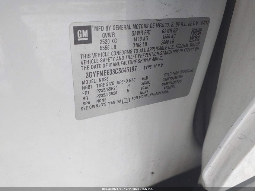 2012 Cadillac Srx Performance Collection VIN: 3GYFNEE33CS646197 Lot: 43897170