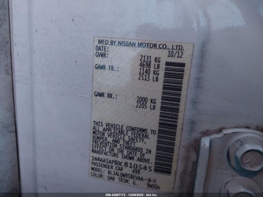 2013 Nissan Maxima 3.5 S VIN: 1N4AA5AP8DC810545 Lot: 43897172