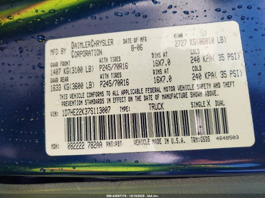 2007 Dodge Dakota St VIN: 1D7HE22K37S113007 Lot: 43897176