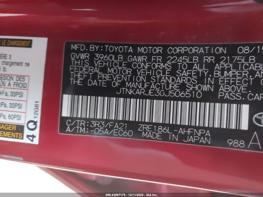 2016 Scion Im VIN: JTNKARJE3GJ506510 Lot: 43897179