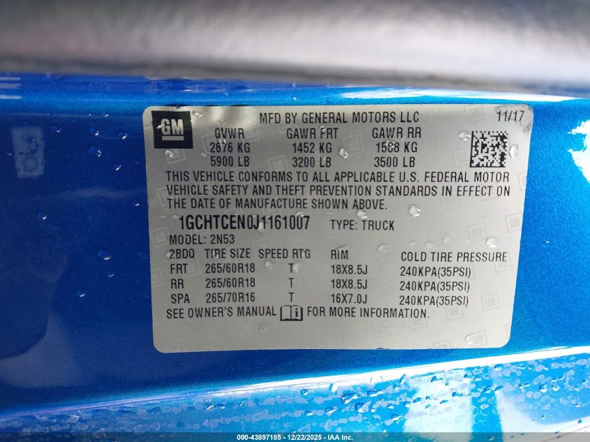 2018 Chevrolet Colorado Lt VIN: 1GCHTCEN0J1161007 Lot: 43897185