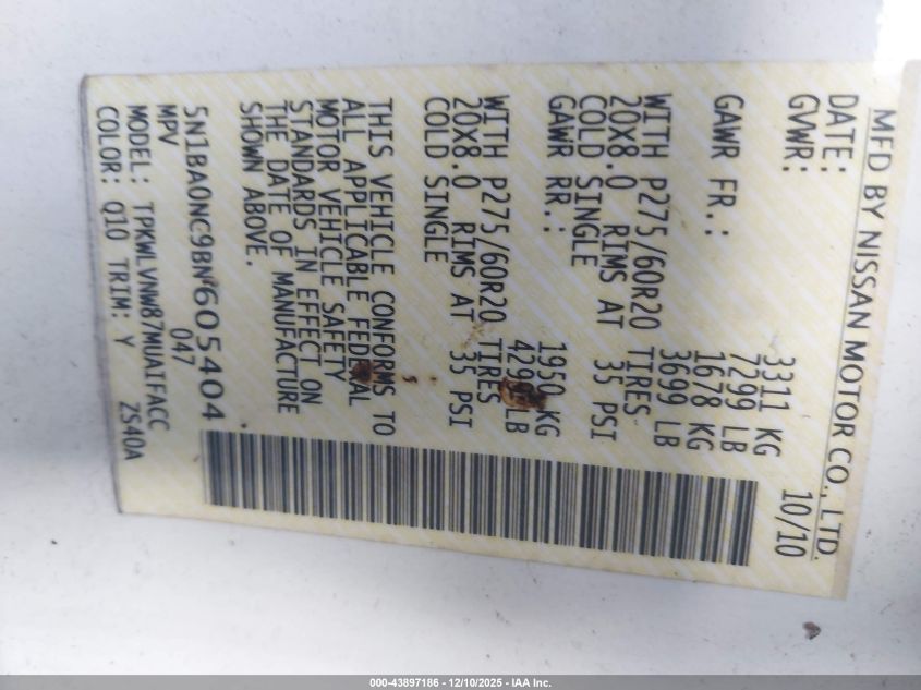 2011 Nissan Armada Platinum VIN: 5N1BA0NC9BN605404 Lot: 43897186