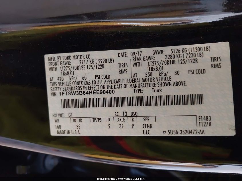 2017 Ford F-350 Xlt VIN: 1FT8W3B64HEE90400 Lot: 43897187