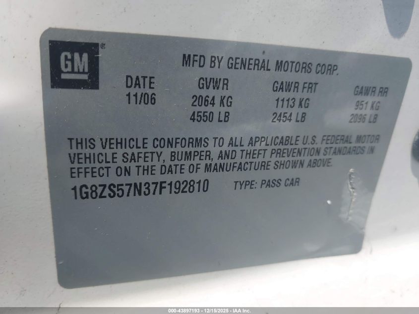 2007 Saturn Aura Xe VIN: 1G8ZS57N37F192810 Lot: 43897193