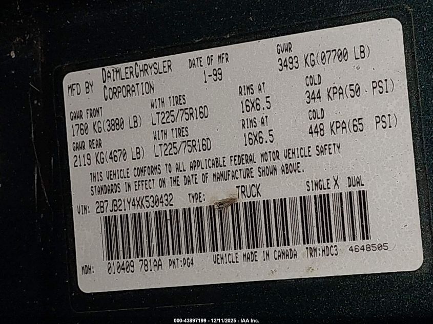 1999 Dodge Ram Van 2500 Commercial/Commercial Maxi/Conversion VIN: 2B7JB21Y4XK530432 Lot: 43897199