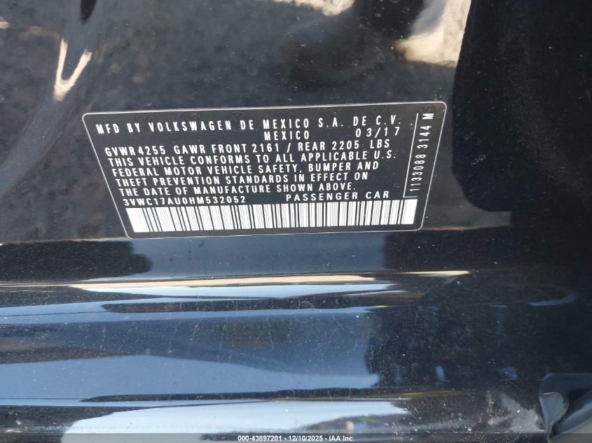 2017 Volkswagen Golf Sportwagen Tsi S/Tsi Se/Tsi Sel VIN: 3VWC17AU0HM532052 Lot: 43897201