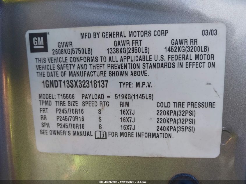 2003 Chevrolet Trailblazer Ls VIN: 1GNDT13SX32318137 Lot: 43897203