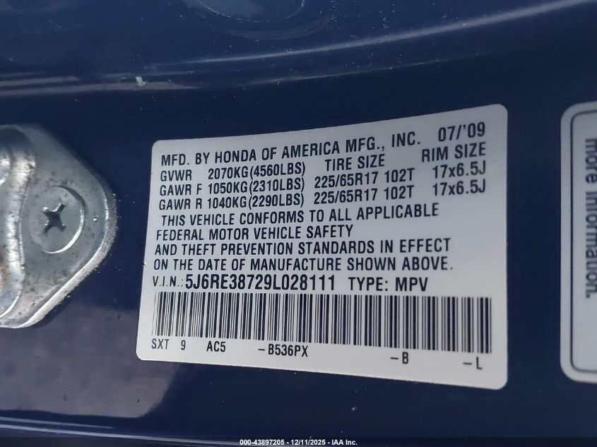 2009 Honda Cr-V Ex-L VIN: 5J6RE38729L028111 Lot: 43897205