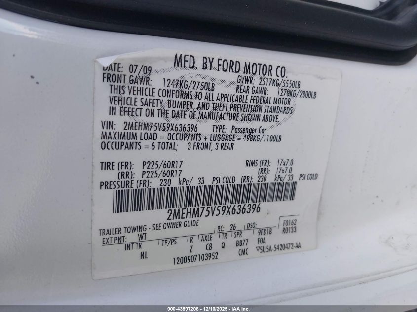 2009 Mercury Grand Marquis Ls (Fleet Only) VIN: 2MEHM75V59X636396 Lot: 43897208