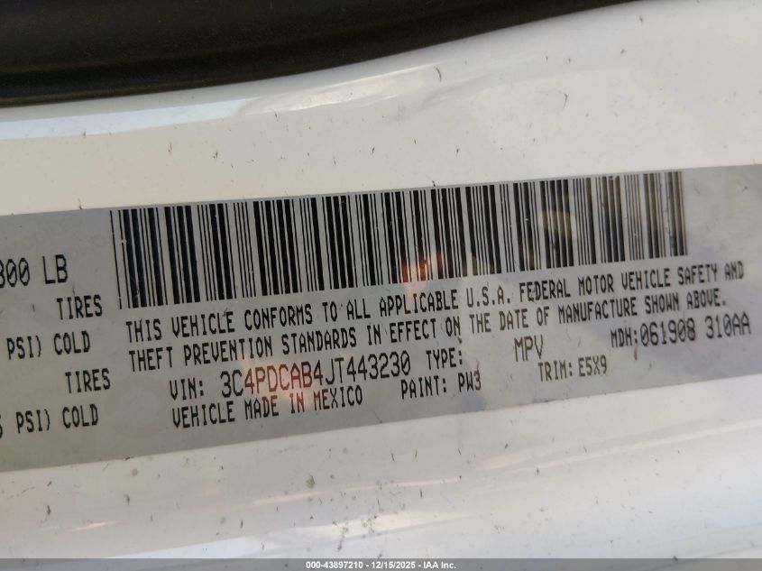 2018 Dodge Journey Se VIN: 3C4PDCAB4JT443230 Lot: 43897210