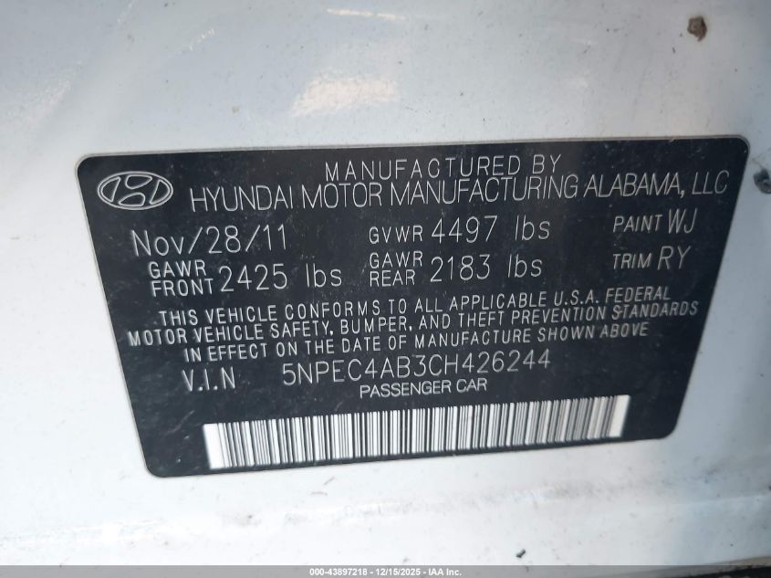 2012 Hyundai Sonata Se 2.0T VIN: 5NPEC4AB3CH426244 Lot: 43897218